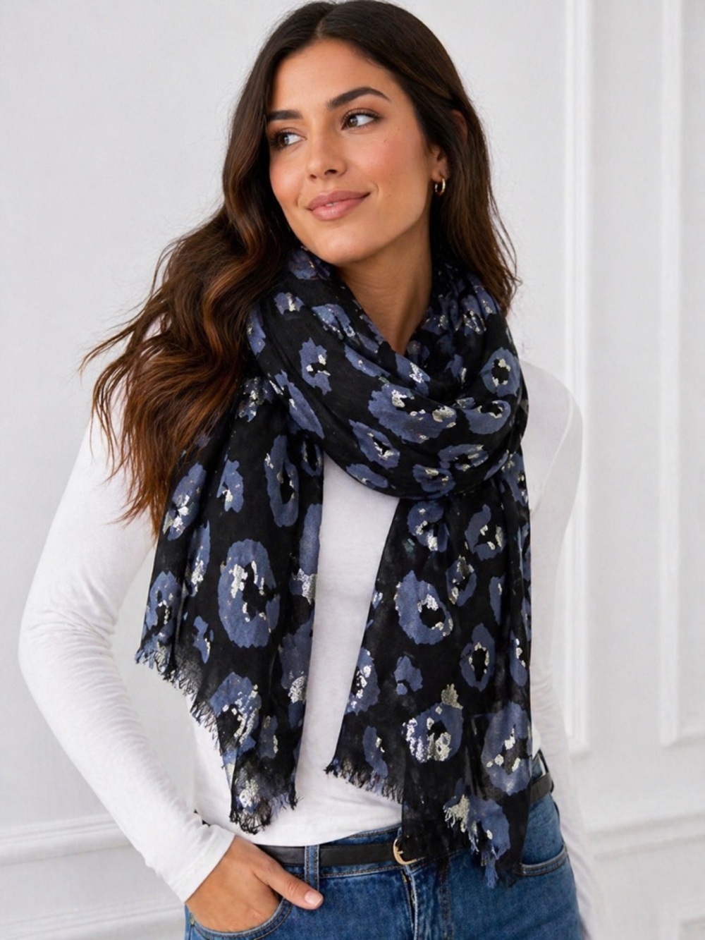 Express Blue Black Leopard Print Scarf Metallic Silver Sheer Frayed Edge Wrap